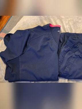 Med Couture Navy Women's Scrub Top and Jogger Set with Pink Trim
